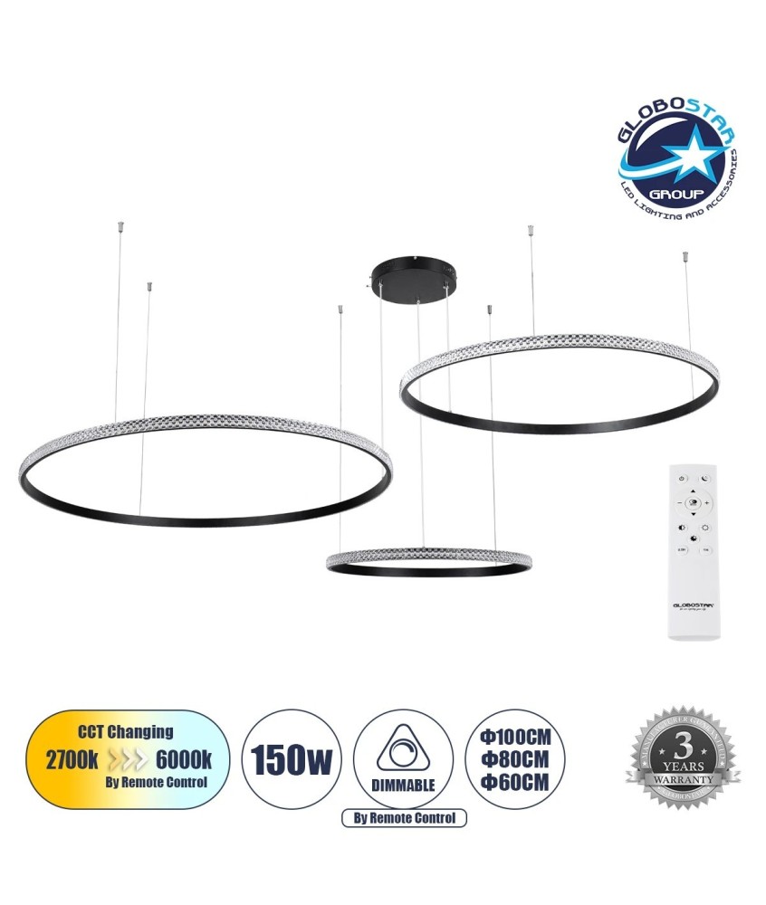 GLOBOSTAR® DIAMOND TRIO 61146 Μοντέρνο Κρεμαστό Φωτιστικό Οροφής LED 150W 18379lm 360° AC 220-240V IP20 Ρυθμιζόμενο Λευκό CCT με Χειριστήριο από 2700K έως 6000K Dimmable - Lumileds SMD Chip - Μαυρό Ματ - Μ170 x Π170 x Υ60cm - 3 Χρόνια Εγγύηση